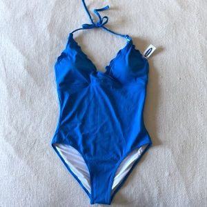 One-Piece Bright Blue Bathing Suit with Halter Tie Straps and Ruffle Neckline